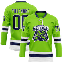 Load image into Gallery viewer, Custom Neon Green Navy-White Hockey Lace Neck Jersey
