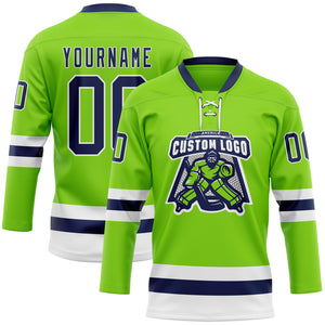 Custom Neon Green Navy-White Hockey Lace Neck Jersey