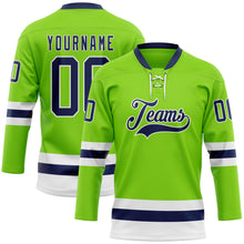 Load image into Gallery viewer, Custom Neon Green Navy-White Hockey Lace Neck Jersey
