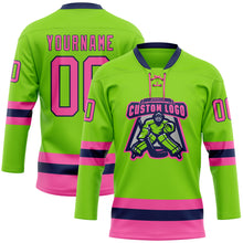 Load image into Gallery viewer, Custom Neon Green Pink-Navy Hockey Lace Neck Jersey
