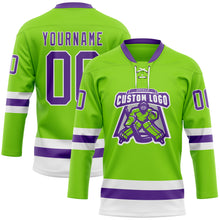 Load image into Gallery viewer, Custom Neon Green Purple-White Hockey Lace Neck Jersey
