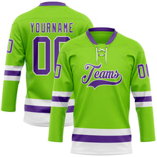 Load image into Gallery viewer, Custom Neon Green Purple-White Hockey Lace Neck Jersey
