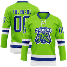 Load image into Gallery viewer, Custom Neon Green Royal-White Hockey Lace Neck Jersey
