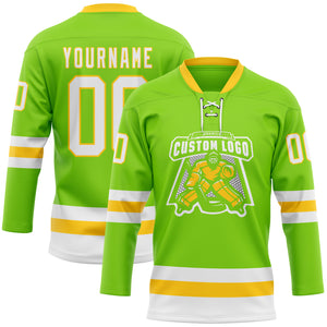 Custom Neon Green White-Yellow Hockey Lace Neck Jersey