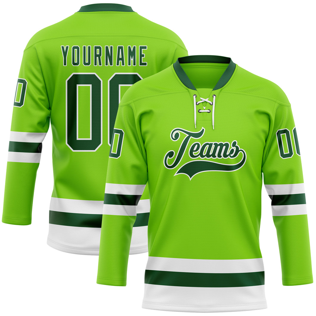 Custom Neon Green Green-White Hockey Lace Neck Jersey