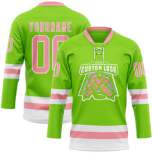 Load image into Gallery viewer, Custom Neon Green Medium Pink-White Hockey Lace Neck Jersey
