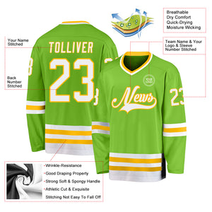 Custom Neon Green White-Gold Hockey Jersey