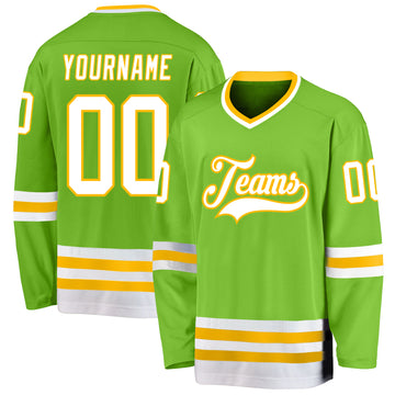 Custom Neon Green White-Gold Hockey Jersey