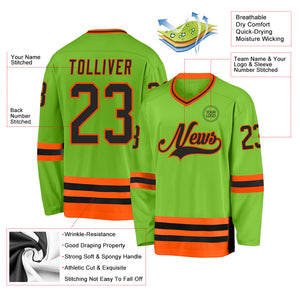 Custom Neon Green Black-Orange Hockey Jersey