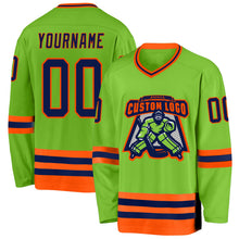 Load image into Gallery viewer, Custom Neon Green Navy-Orange Hockey Jersey
