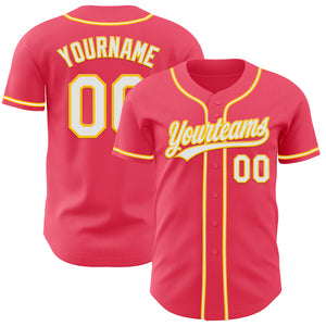 Custom Neon Pink White-Yellow Authentic Baseball Jersey