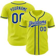 Load image into Gallery viewer, Custom Neon Yellow Royal-White Authentic Baseball Jersey
