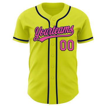 Custom Neon Yellow Pink-Navy Authentic Baseball Jersey