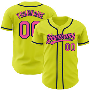 Custom Neon Yellow Pink-Navy Authentic Baseball Jersey