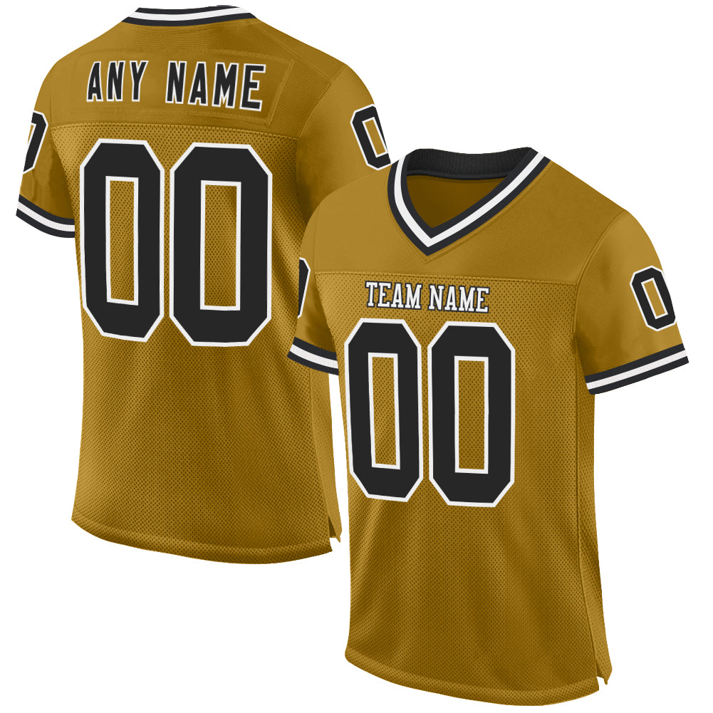 Custom Old Gold Black-White Mesh Authentic Throwback Football Jersey