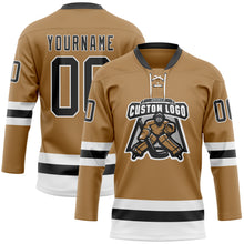 Load image into Gallery viewer, Custom Old Gold Black-White Hockey Lace Neck Jersey
