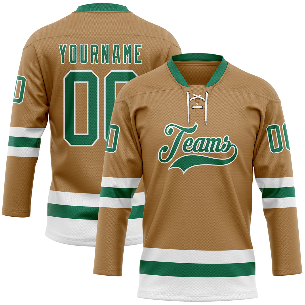 Custom Old Gold Kelly Green-White Hockey Lace Neck Jersey