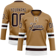 Load image into Gallery viewer, Custom Old Gold Brown-White Hockey Lace Neck Jersey
