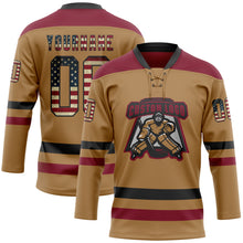 Load image into Gallery viewer, Custom Old Gold Vintage USA Flag Black-Crimson Hockey Lace Neck Jersey
