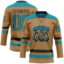 Load image into Gallery viewer, Custom Old Gold Teal-Black Hockey Lace Neck Jersey
