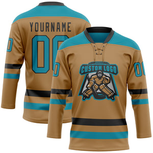 Custom Old Gold Teal-Black Hockey Lace Neck Jersey