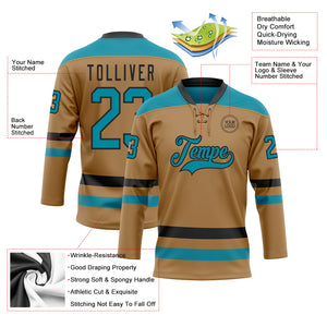 Custom Old Gold Teal-Black Hockey Lace Neck Jersey