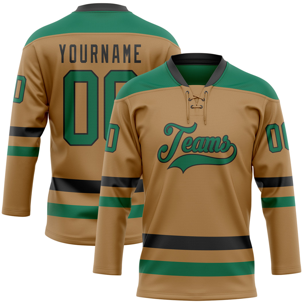 Custom Old Gold Kelly Green-Black Hockey Lace Neck Jersey