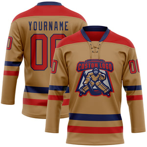 Custom Old Gold Red-Navy Hockey Lace Neck Jersey