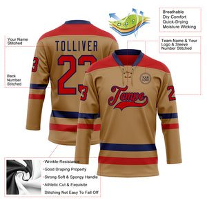 Custom Old Gold Red-Navy Hockey Lace Neck Jersey