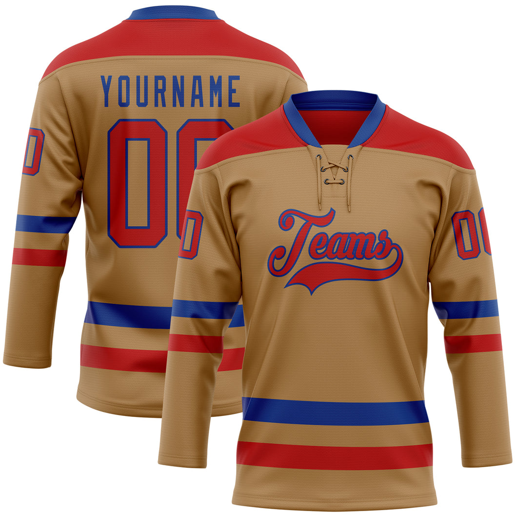 Custom Old Gold Red-Royal Hockey Lace Neck Jersey