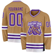 Load image into Gallery viewer, Custom Old Gold Purple-White Hockey Jersey
