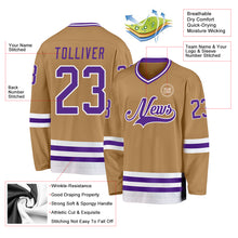 Load image into Gallery viewer, Custom Old Gold Purple-White Hockey Jersey
