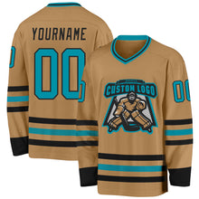 Load image into Gallery viewer, Custom Old Gold Teal-Black Hockey Jersey
