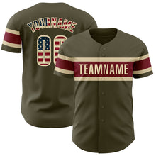 Load image into Gallery viewer, Custom Olive Vintage USA Flag Cream-Crimson Authentic Salute To Service Baseball Jersey
