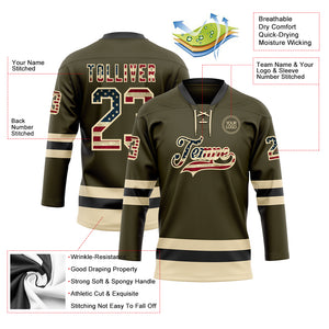 Custom Olive Vintage USA Flag Cream-Black Salute To Service Hockey Lace Neck Jersey