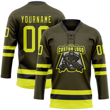 Load image into Gallery viewer, Custom Olive Neon Yellow-Black Salute To Service Hockey Lace Neck Jersey
