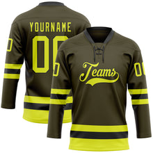 Load image into Gallery viewer, Custom Olive Neon Yellow-Black Salute To Service Hockey Lace Neck Jersey
