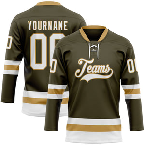 Custom Olive White-Old Gold Salute To Service Hockey Lace Neck Jersey