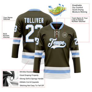 Custom Olive White-Light Blue Salute To Service Hockey Lace Neck Jersey