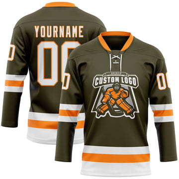 Custom Olive White-Bay Orange Salute To Service Hockey Lace Neck Jersey