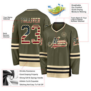 Custom Olive Vintage USA Flag Cream-Black Salute To Service Hockey Jersey