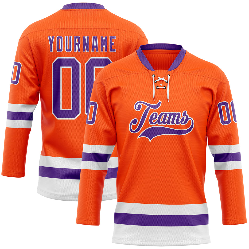 Custom Orange Purple-White Hockey Lace Neck Jersey