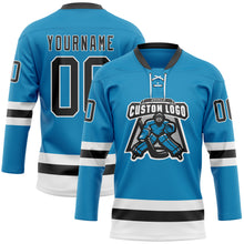 Load image into Gallery viewer, Custom Panther Blue Black-White Hockey Lace Neck Jersey
