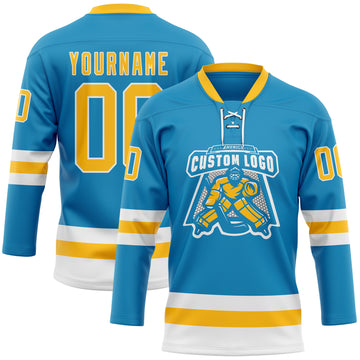 Custom Panther Blue Gold-White Hockey Lace Neck Jersey