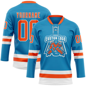 Custom Panther Blue Orange-White Hockey Lace Neck Jersey