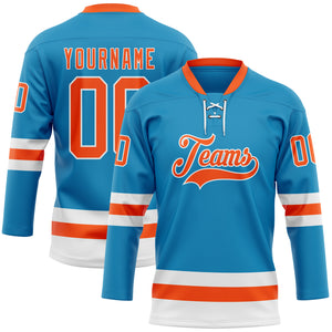 Custom Panther Blue Orange-White Hockey Lace Neck Jersey