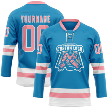 Custom Panther Blue Medium Pink-White Hockey Lace Neck Jersey