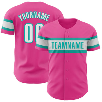 Custom Pink White-Aqua Authentic Baseball Jersey