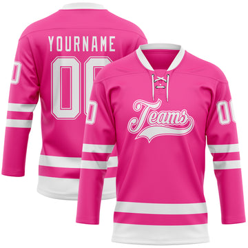 Custom Pink White Hockey Lace Neck Jersey