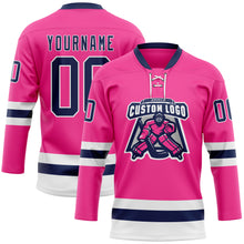 Load image into Gallery viewer, Custom Pink Navy-White Hockey Lace Neck Jersey
